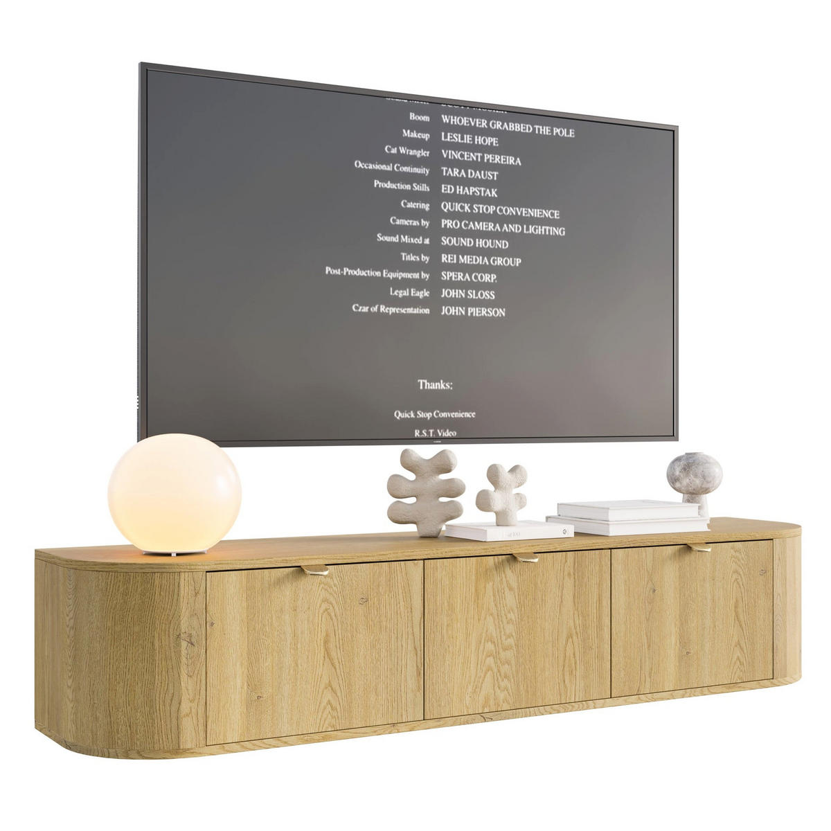 TV stolek Coru závěsný se 3 výklopnými dvířky, 175cm - zlatá/barva dubu, kov/kompozitní dřevo (175.4/35/39.1cm) - Selsey