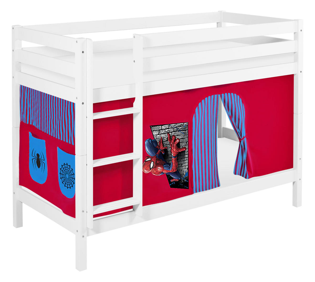 ETAGENBETT JELLE 90x200 cm Spiderman - Hochbett - inkl. Vorhang und 2 Lattenrosten - Weiß, Holz - Lilokids