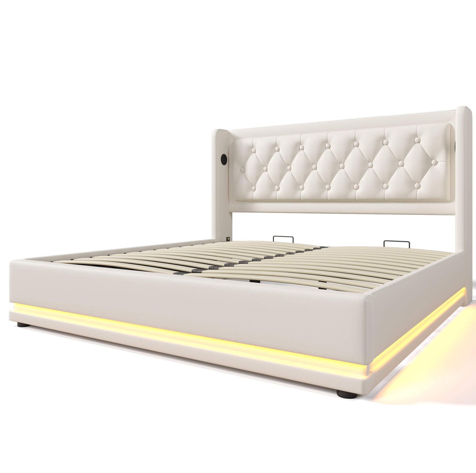 POLSTERBETT aus Kunstleder 180x200 cm in Weiß mit LED & USB-C-Ladestation - Weiß, Leder (180/200cm) - Modfu