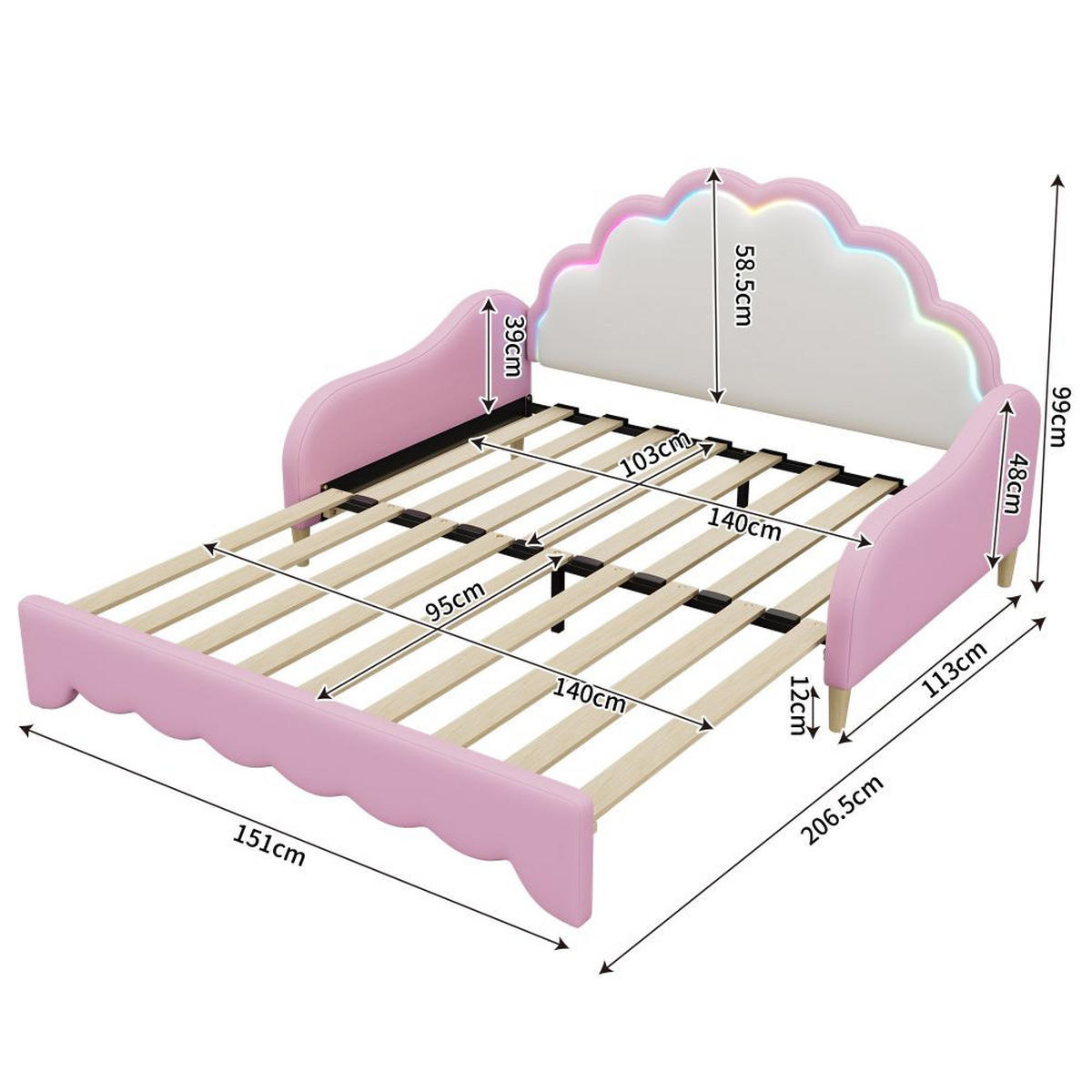 SOFABETT 140/200 cm in Rosa mit Matratze und Umgebungslicht - Pink, Leder/Holz (113/99/151cm) - KOMHTOM