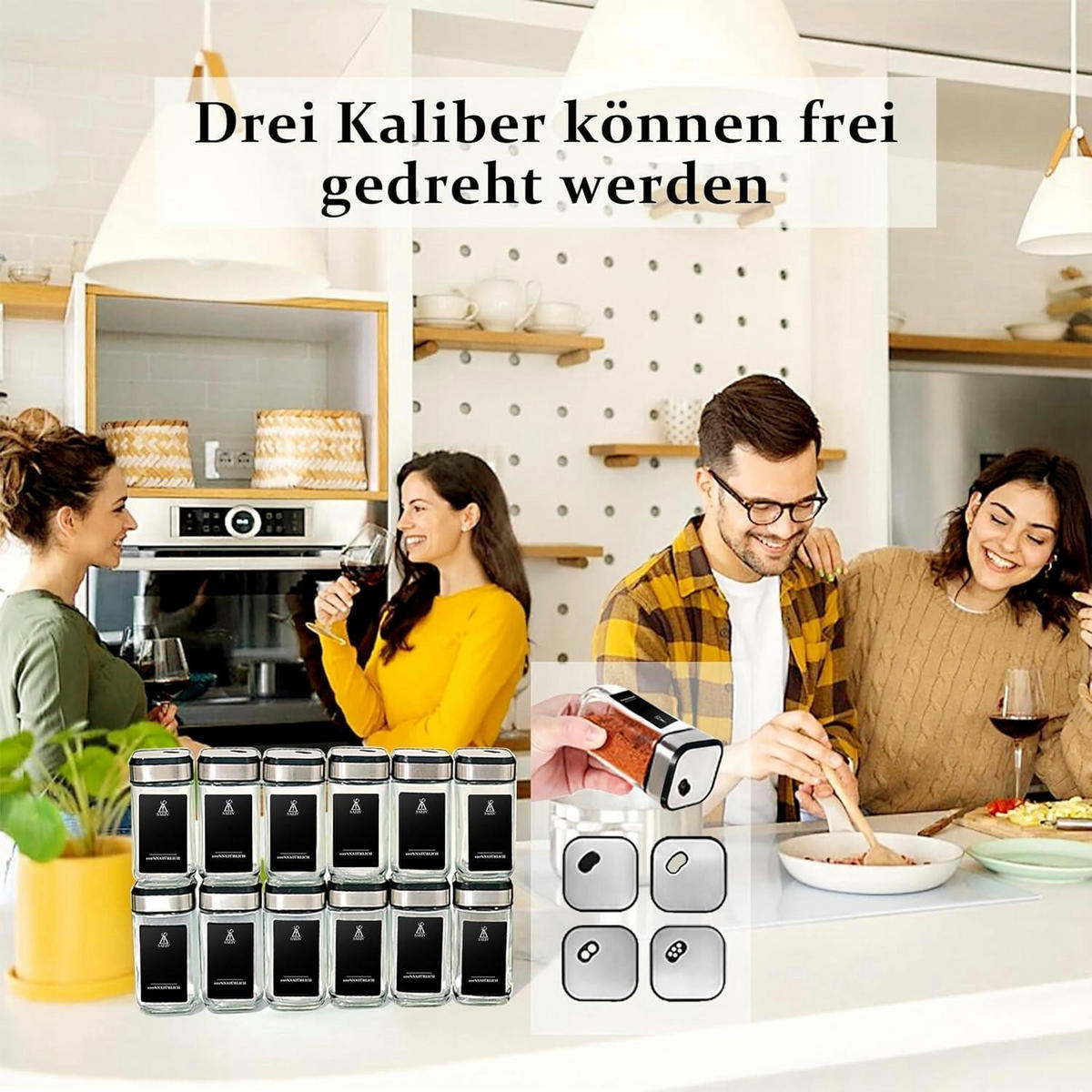 GEWÜRZGLÄSER 12-teiliges Set 120 ml Glas mit 360° Rotation und drei Kalibern - Multicolor, Glas (4.7/9.7/4.7cm)