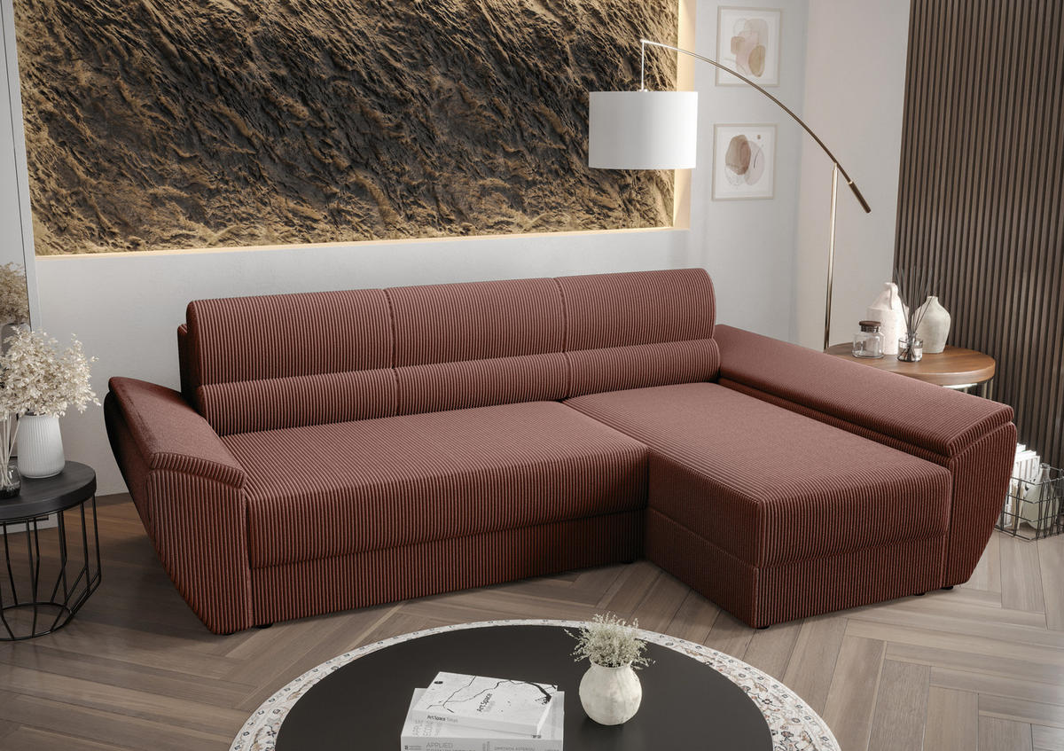 ECKSOFA L REBI L3 Poso 29 Rechts mit Schlaffunktion, Koralle - Bordeaux, Textil (251/140cm)