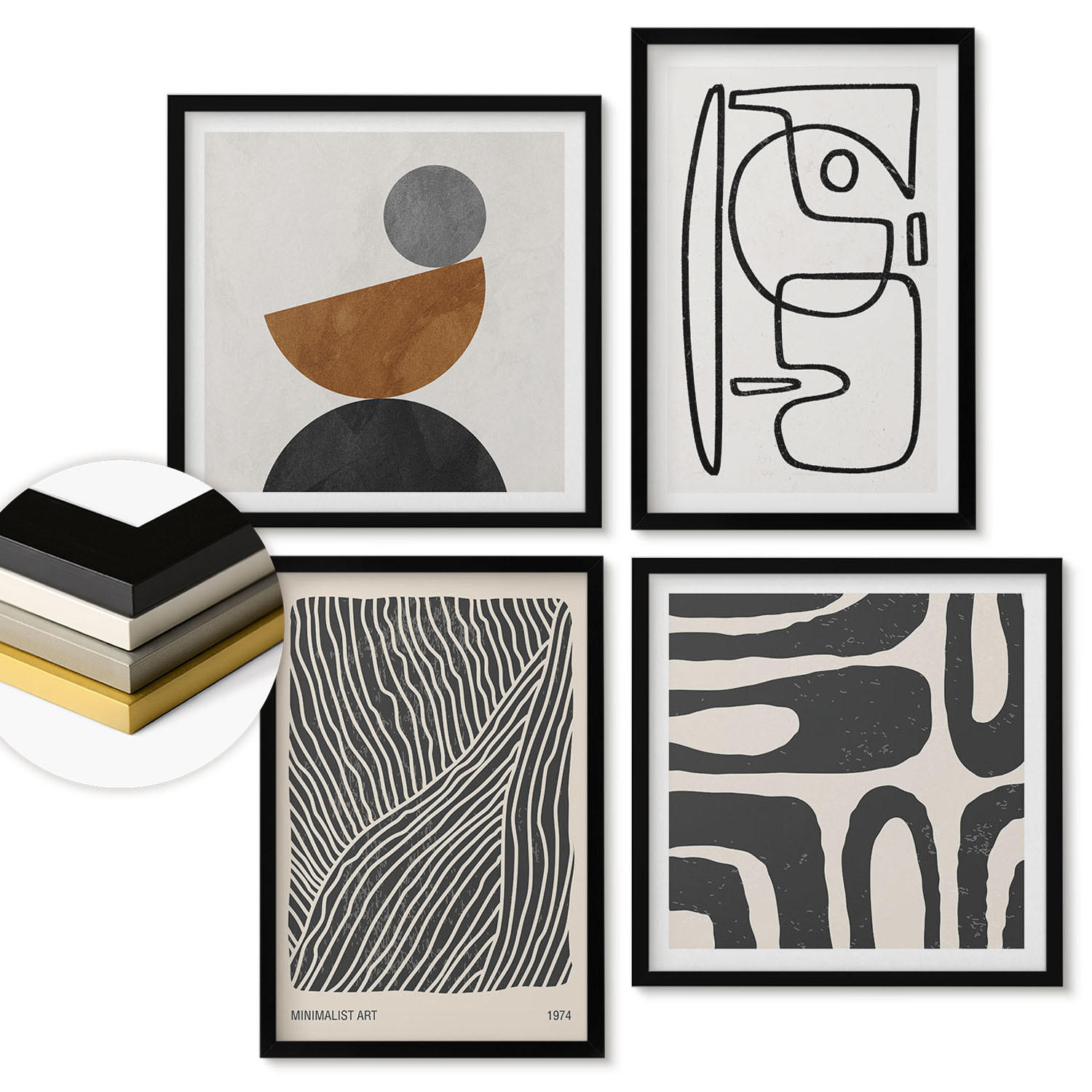 WANDBILDER 4er-Set - 50x50 cm & 40x60 cm Schwarzer Rahmen - Abstrakte Muster mit Linien - Schwarz, Kunststoff (50/50cm) - ArtPrintCave