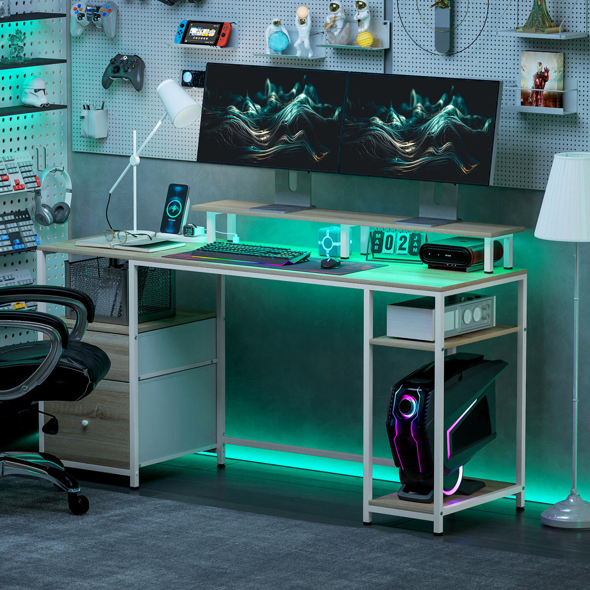 COMPUTERTISCH DE-14916 mit RGB-LED, Steckdosen & USB Naturholz - Naturfarben, Holzwerkstoff (48/155.5/88.5cm) - ComfortXL