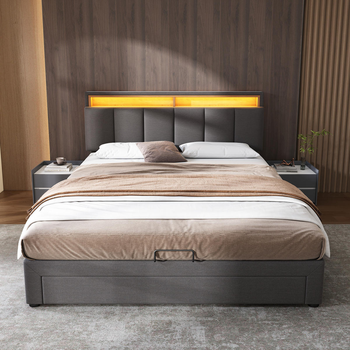 POLSTERBETT 180x200 cm LED Schubladen Stauraum Kopfteil Leinen grau - Grau, Holz (180/200cm) - LEBENLANG