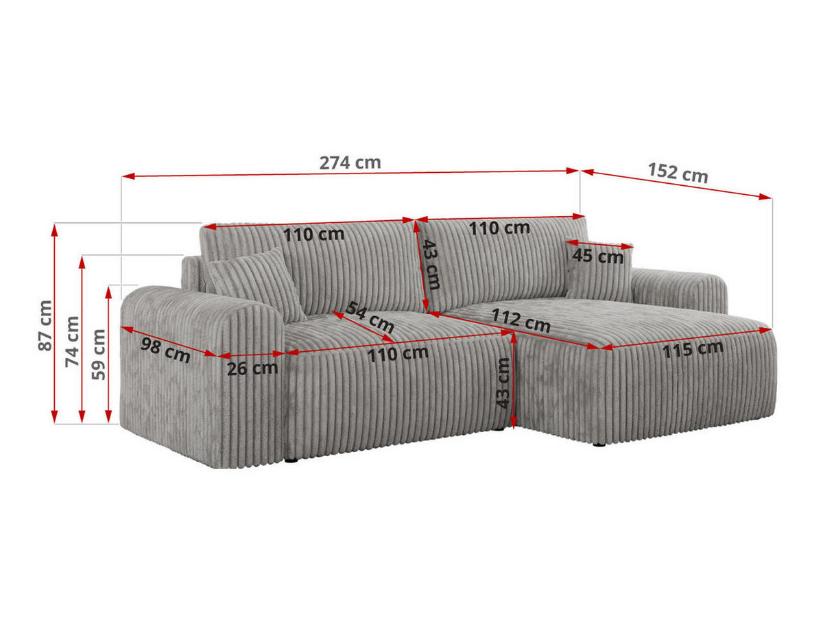 ECKSOFA NELSON Hellgrau Cord - Hellgrau/Schwarz, Kunststoff/Textil (274/152cm) - MKS