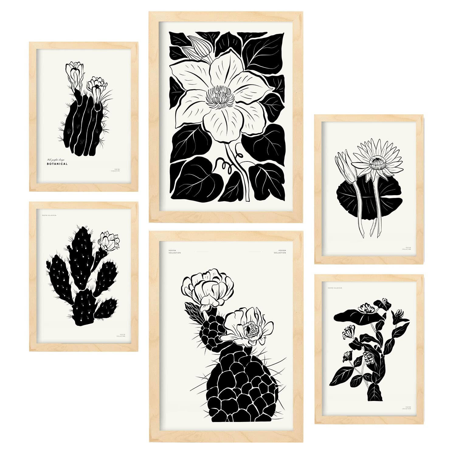 POSTER Set Mit 6 In Schwarzer Tinte Kaktus A3 & A4 Rahmen Aus Hellem Holz - Beige, Papier (29/3cm) - Nacnic