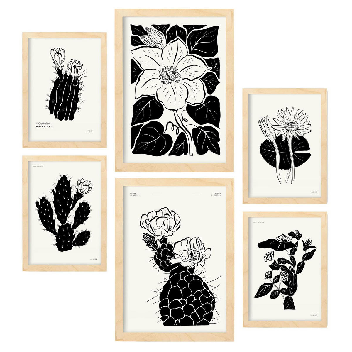 POSTER Set Mit 6 In Schwarzer Tinte Kaktus A3 & A4 Rahmen Aus Hellem Holz - Beige, Papier (29/3cm) - Nacnic