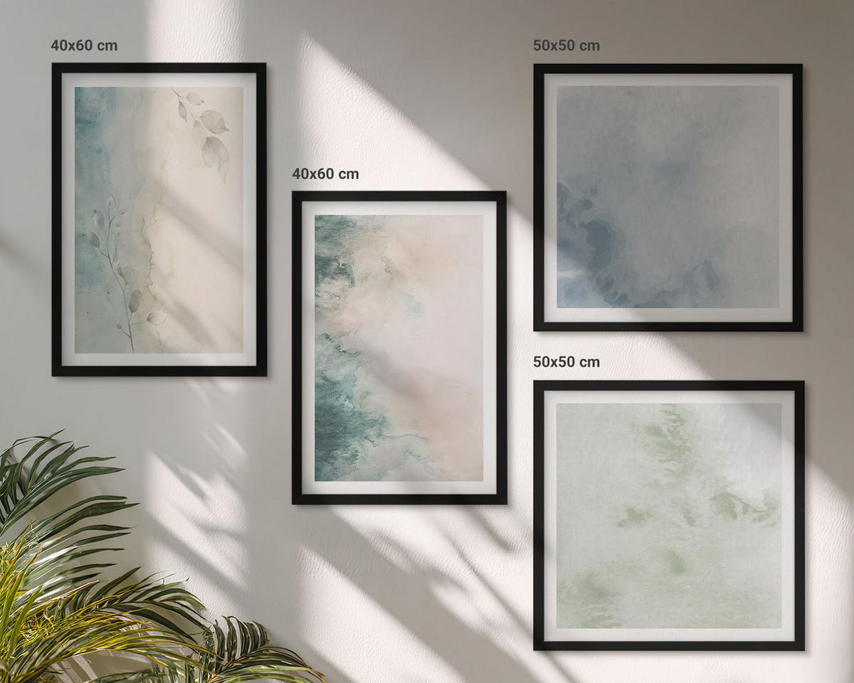 WANDBILDER 4er-Set - 50x50 cm & 40x60 cm Schwarzer Rahmen - Aquarell-Leinwandstil - Schwarz, Kunststoff (50/50cm) - ArtPrintCave