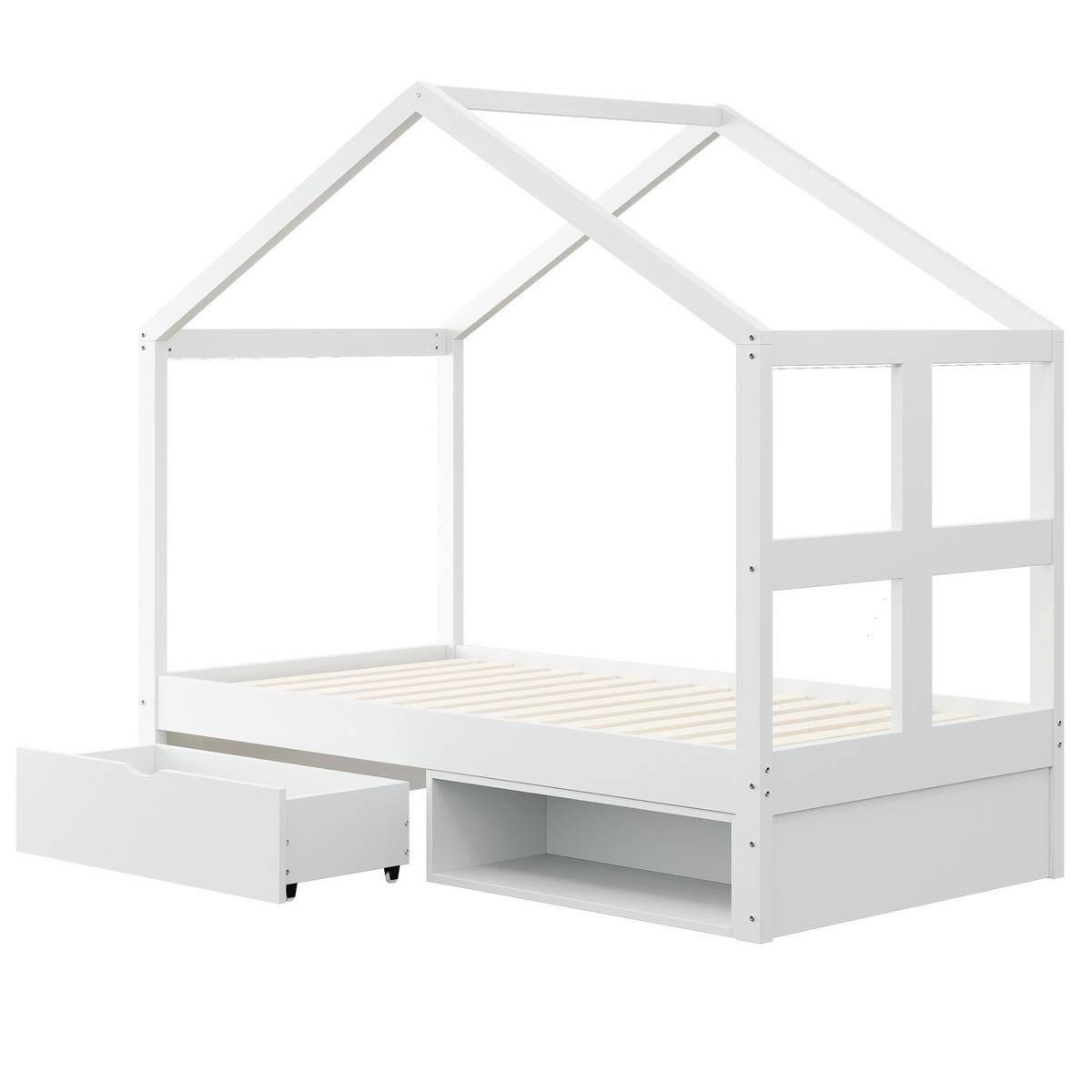 HAUSBETT 90/190 cm DE-01554, in Weiß, mit Schubladen, Schuhschrank und LED-Beleuchtung - Weiß, Holzwerkstoff (90/190cm) - ComfortXL