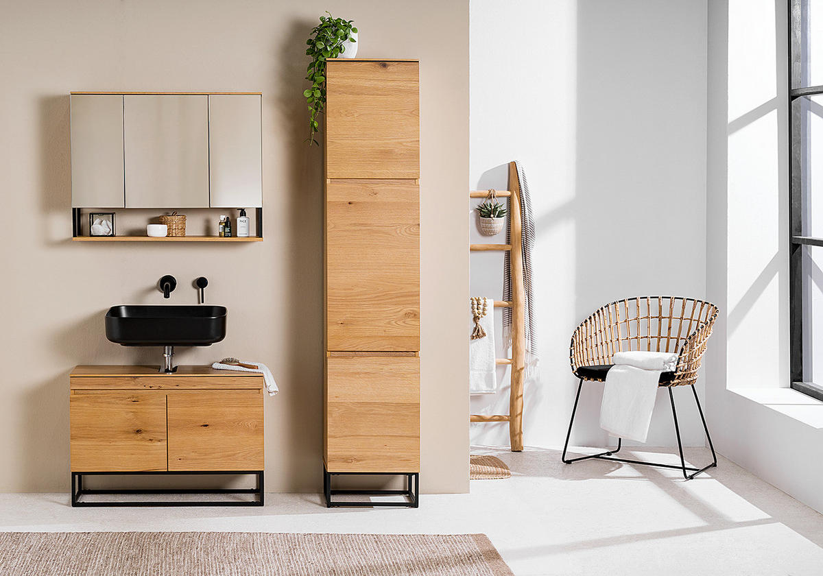 WASCHBECKENUNTERSCHRANK - Echtholzfurnier / Eisen, Eiche / Schwarz - Eichefarben, Holzwerkstoff (80/57/30cm) - home24
