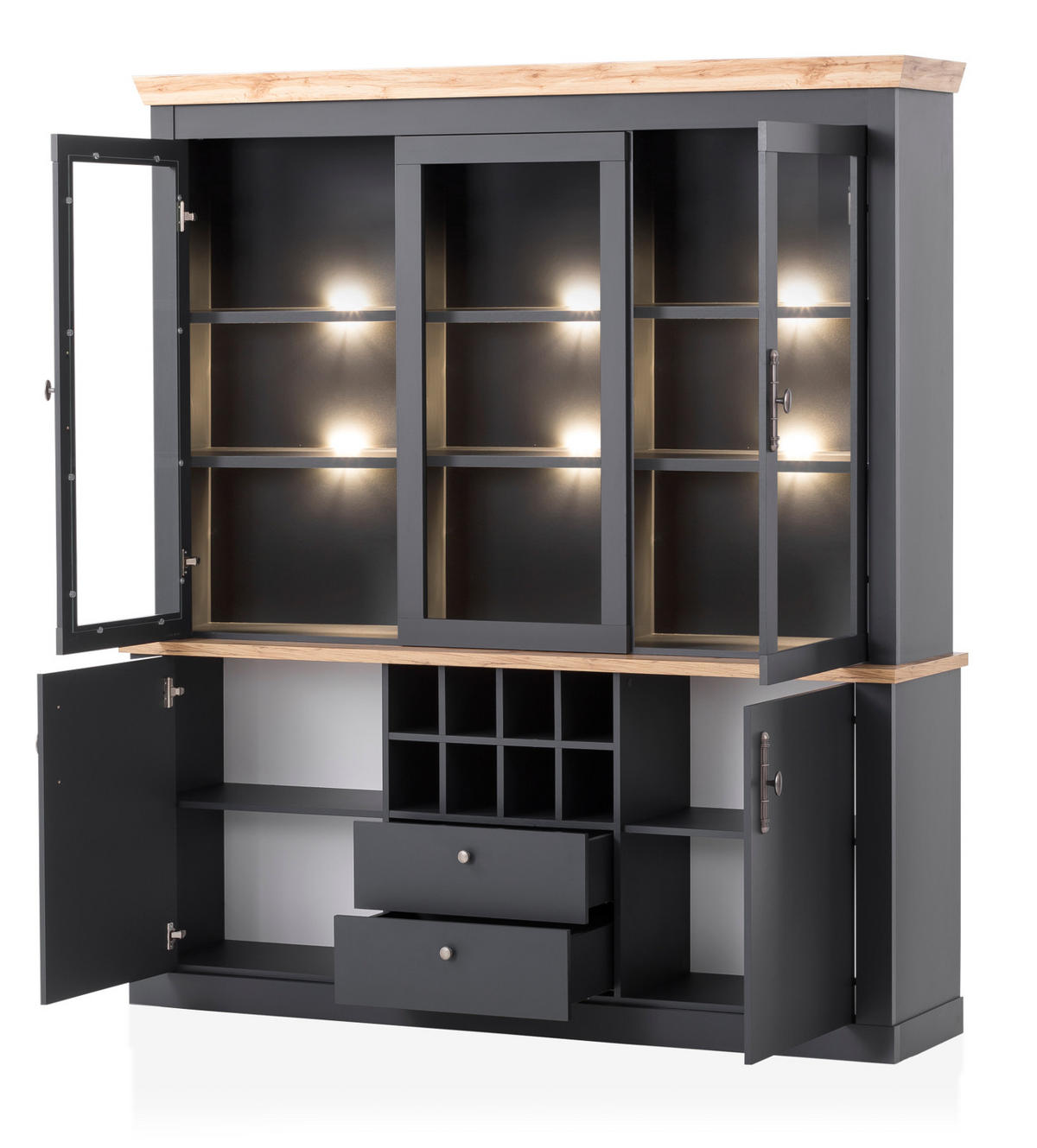 BUFFETSCHRANK grau, Wotan Eiche Landhaus, Vitrinenschrank mit Soft-Close-Funktion - Silberfarben/Eiche Wotan, Glas/Holzwerkstoff (184/205/44cm) - Furn.Design