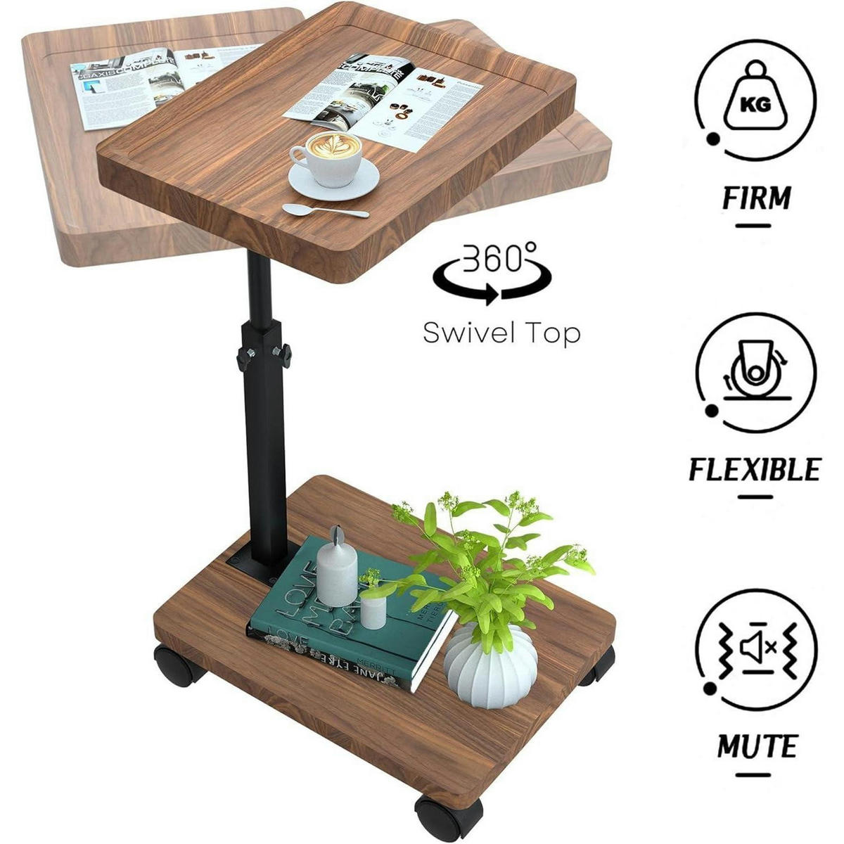 BEISTELLTISCH mit Rollen Nussbaum 45-80 cm - Braun, Holzwerkstoff (40/30/45cm)