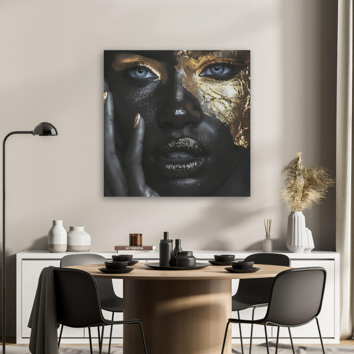 AKUSTIKBILD Frau - Gold - Porträt - Schwarz-Weiß - Luxus Akustikpaneele 80x80 cm - Hellblau, Kunststoff (80/80/0.9cm) - MuchoWow