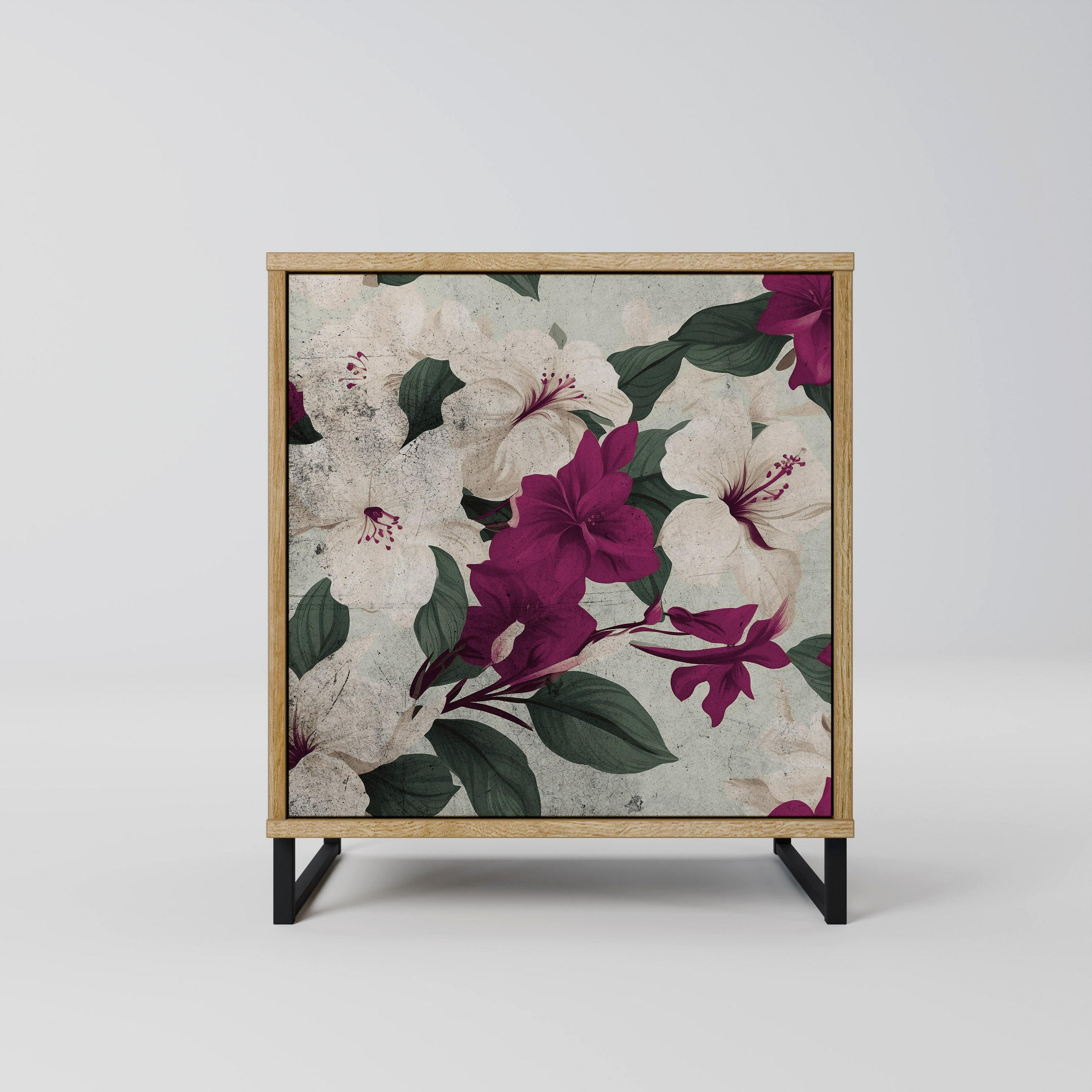 SIDEBOARD FLOWERET DREAM, Eichefarben, 57,5x42x67,5 cm, Schwarze Metall-Rahmenfüße - Eichefarben/Multicolor, Holzwerkstoff/Metall (57.5/67.5/42cm) - SpaceRebels