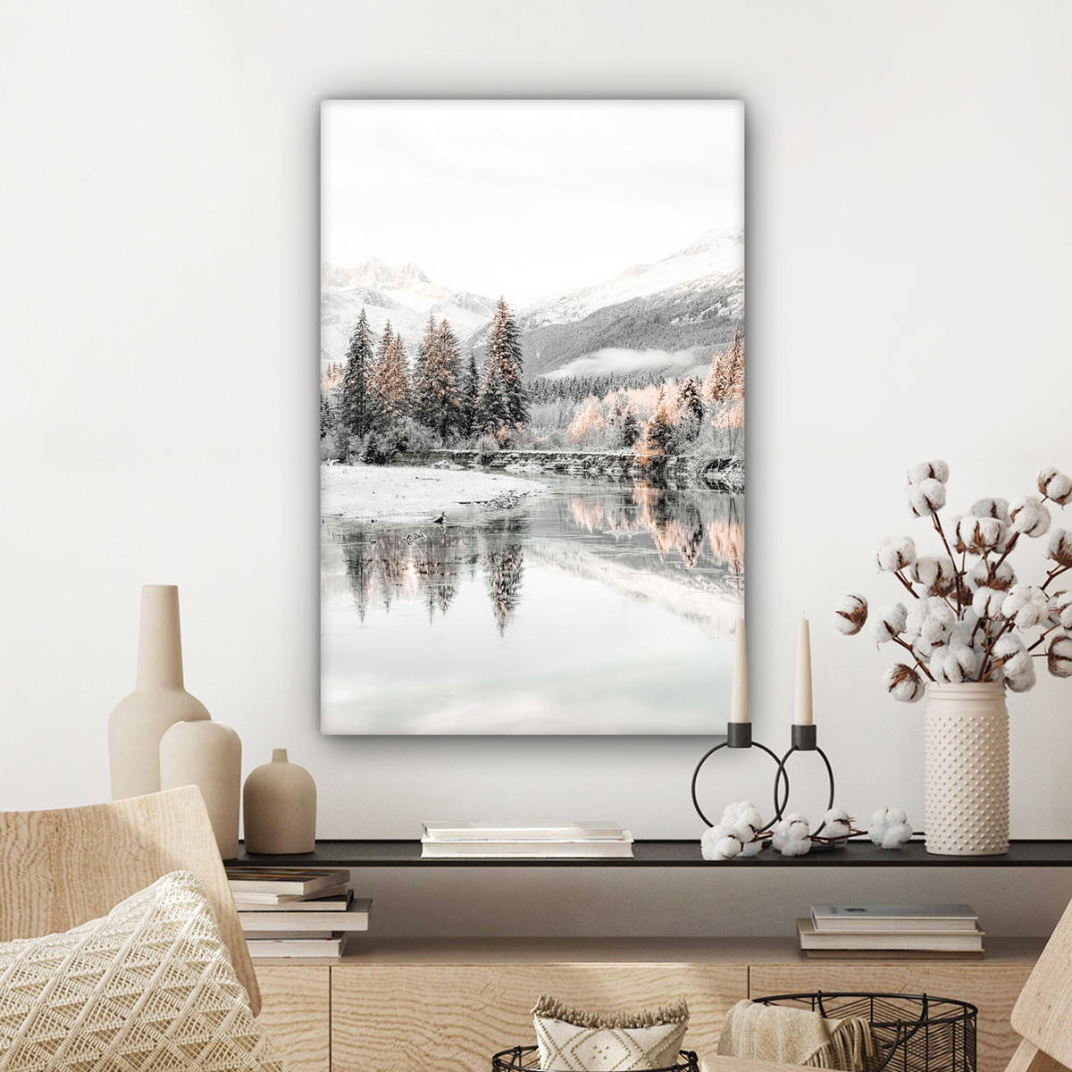 LEINWANDBILD Natur - Winter - Bäume - Berge - Schnee Wanddeko 40x60 cm - Weiß Hochglanz, Textil (40/60cm) - MuchoWow