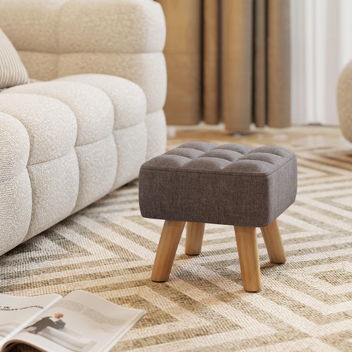 FUSSHOCKER Hocker Moderner Sitzhocker mit Leinenoptik, Holzbeine, Grau - Grau, Kunststoff (27/26/27cm) - HOMCOM
