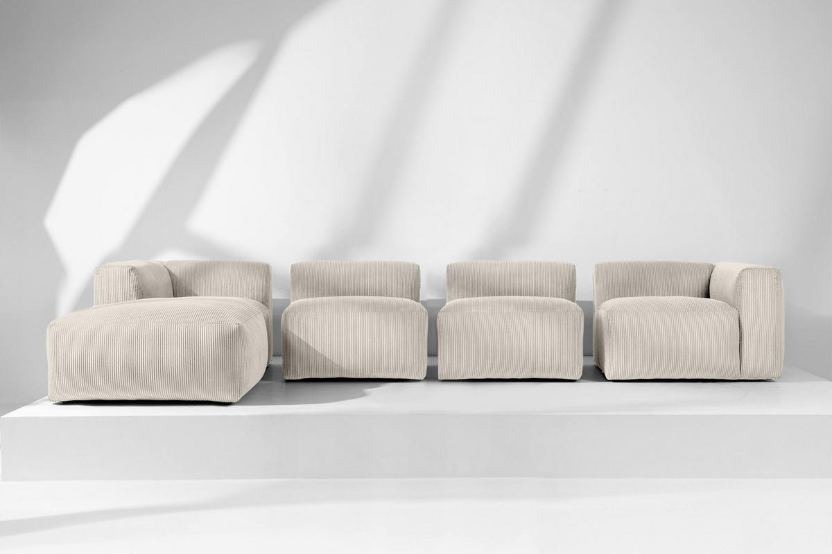 ECKMODULSOFA-LINKS BUFFO 6-Sitzer mit extrem weicher Sitzfläche, Kordstoff, cremefarbig - Creme, Textil (377/180cm) - KONSIMO®