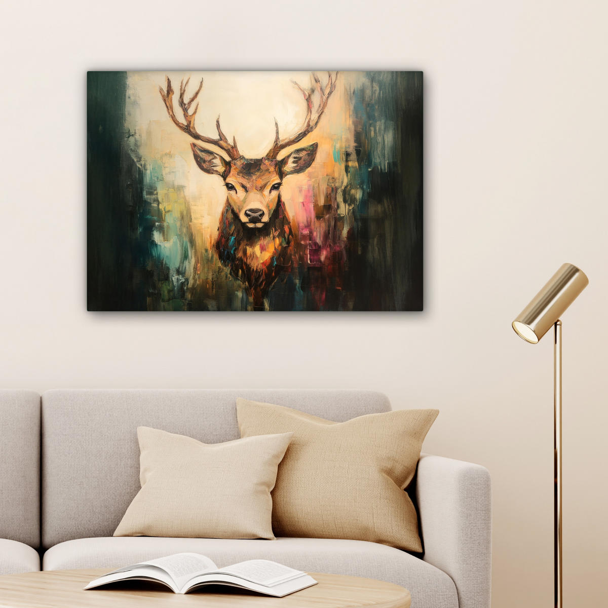 LEINWANDBILD Hirsch - Gemalt - Geweih - Braun Wandbilder 80x60 cm - Haselnussfarben, Textil (80/60cm) - MuchoWow