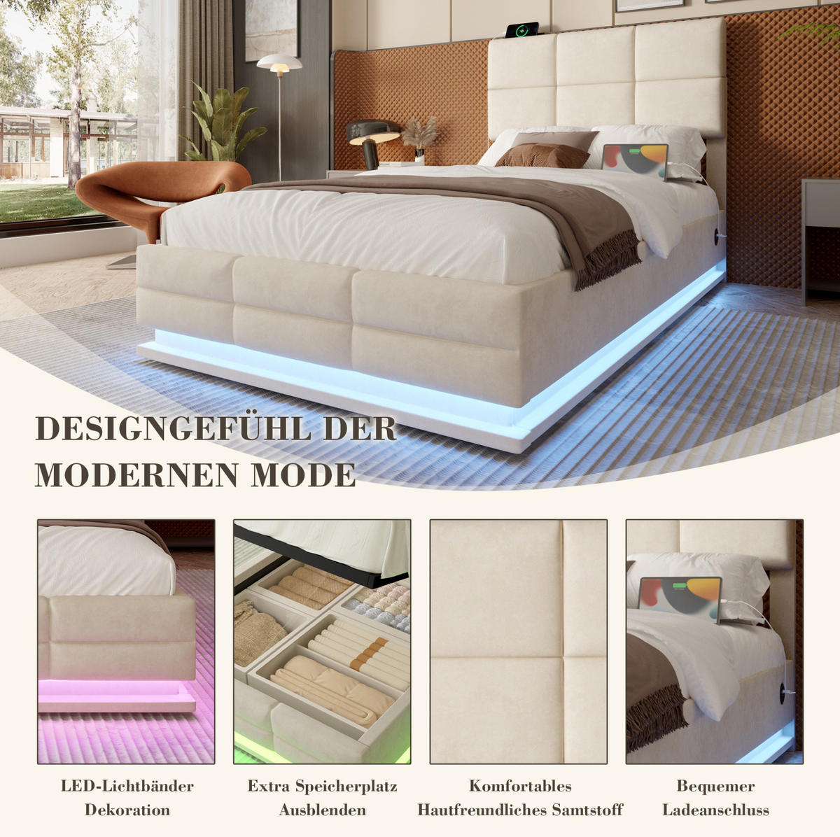 POLSTERBETT 90/200 cm mit LED-Beleuchtung, USB-Anschlüssen, hydraulischem Stauraum und verstellbarem Kopfteil, Beige - Beige, Textil (90/200cm) - Redom