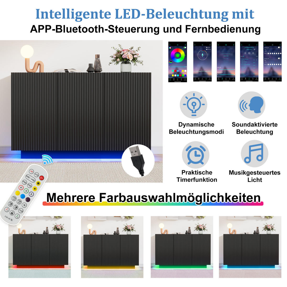 SIDEBOARD LED Schwarz Marmor 120cm Bluetooth Stauraum Modern - Schwarz, Holzwerkstoff (40/75/120cm) - FLIEKS