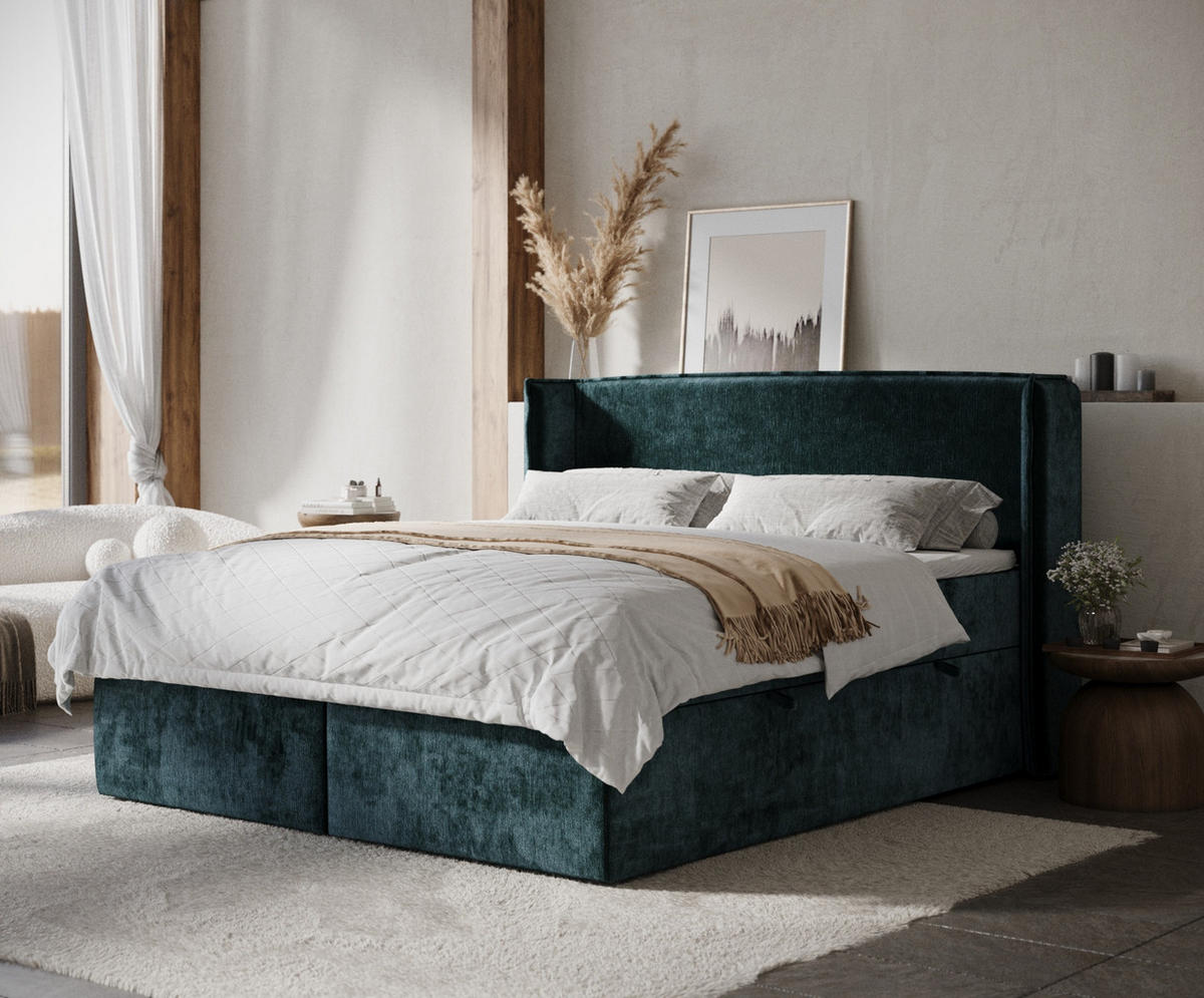 BOXBETT Skyline Türkisfarben 160/200 cm mit Matratze und Topper - Türkis/Schwarz, Holz/Holzwerkstoff (160/200cm) - Maison de Reve