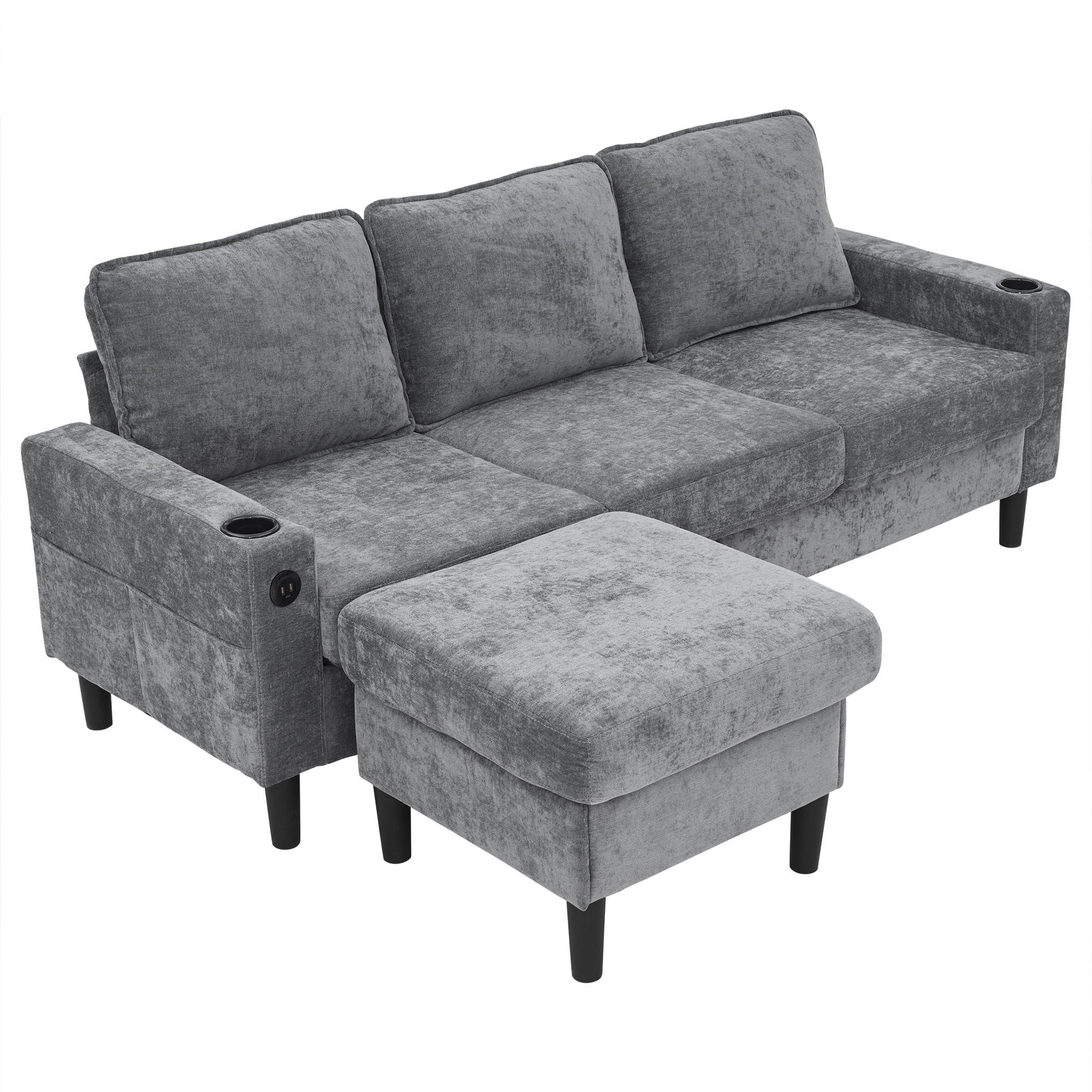 ECKSOFA Grau mit Fußhocker, Getränkehaltern & Ladeanschlüssen 202 × 137 × 80 cm aus Leinen - Grau, Textil (202/137cm) - Luhomfu