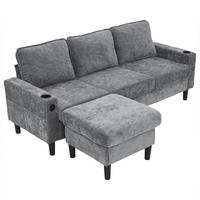 ECKSOFA Grau mit Fußhocker, Getränkehaltern & Ladeanschlüssen 202 × 137 × 80 cm aus Leinen - Grau, Textil (202/137cm) - Luhomfu