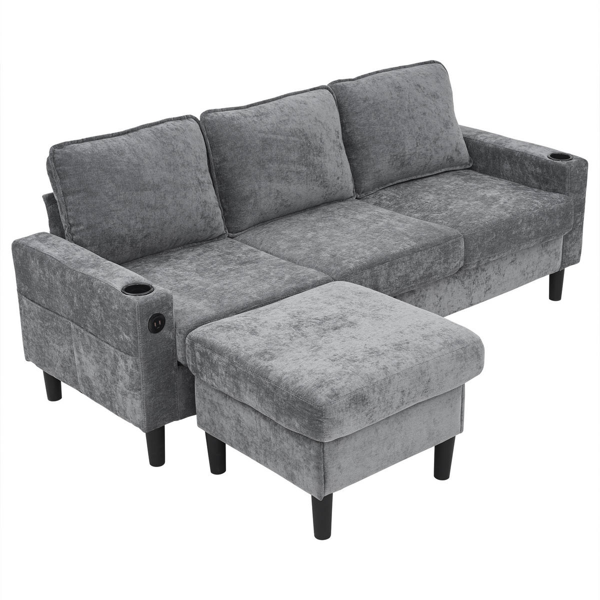 ECKSOFA Gepolstertes 3-Sitzer mit Fußhocker und USB und Typ-C-Anschlüssen Grau Leinen 202/137/80 cm - Grau, Textil (202/137cm) - OKWISH