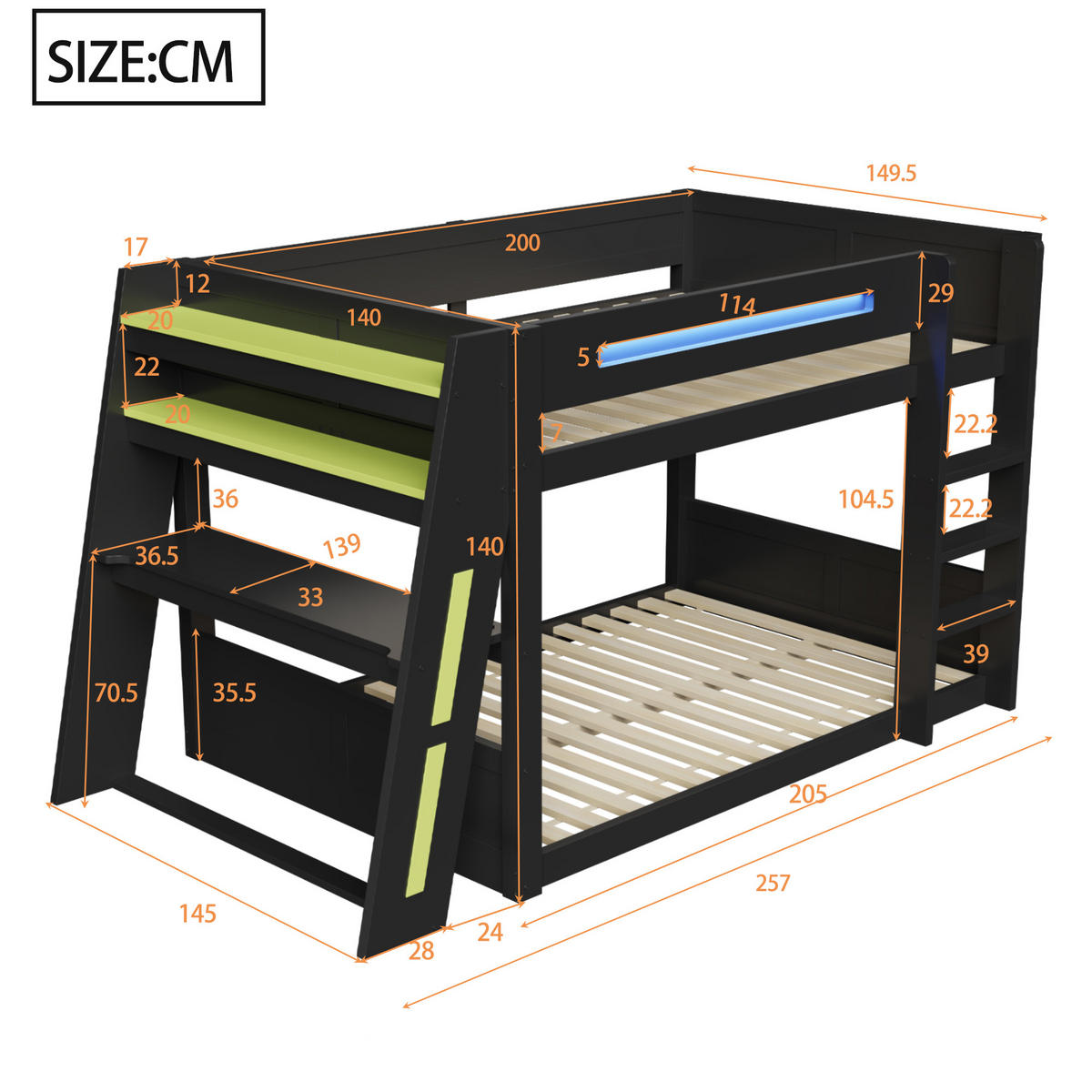 ETAGENBETT 140/200 cm in Schwarz aus MDF und Kiefer mit Schreibtisch, USB und LED - Schwarz/Grün, Holz/Holzwerkstoff (140/200cm) - WISHDOR