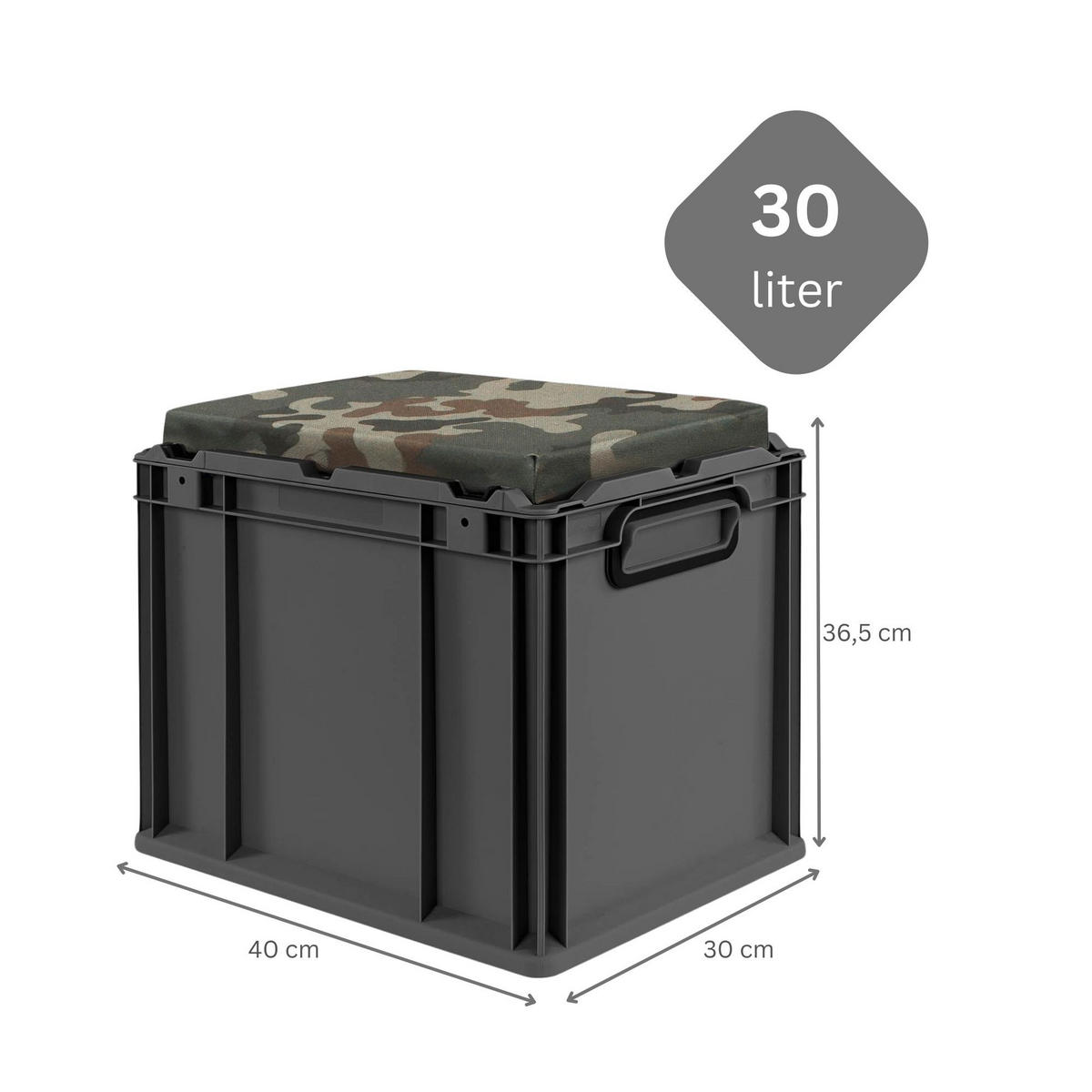 EUROBOX NextGen Seat Box Camouflage, HxBxT 36,5x30x40cm, 30 Liter, Griffe geschlossen, Schwarz - Schwarz, Kunststoff (30/36.5/40cm) - PROREGAL