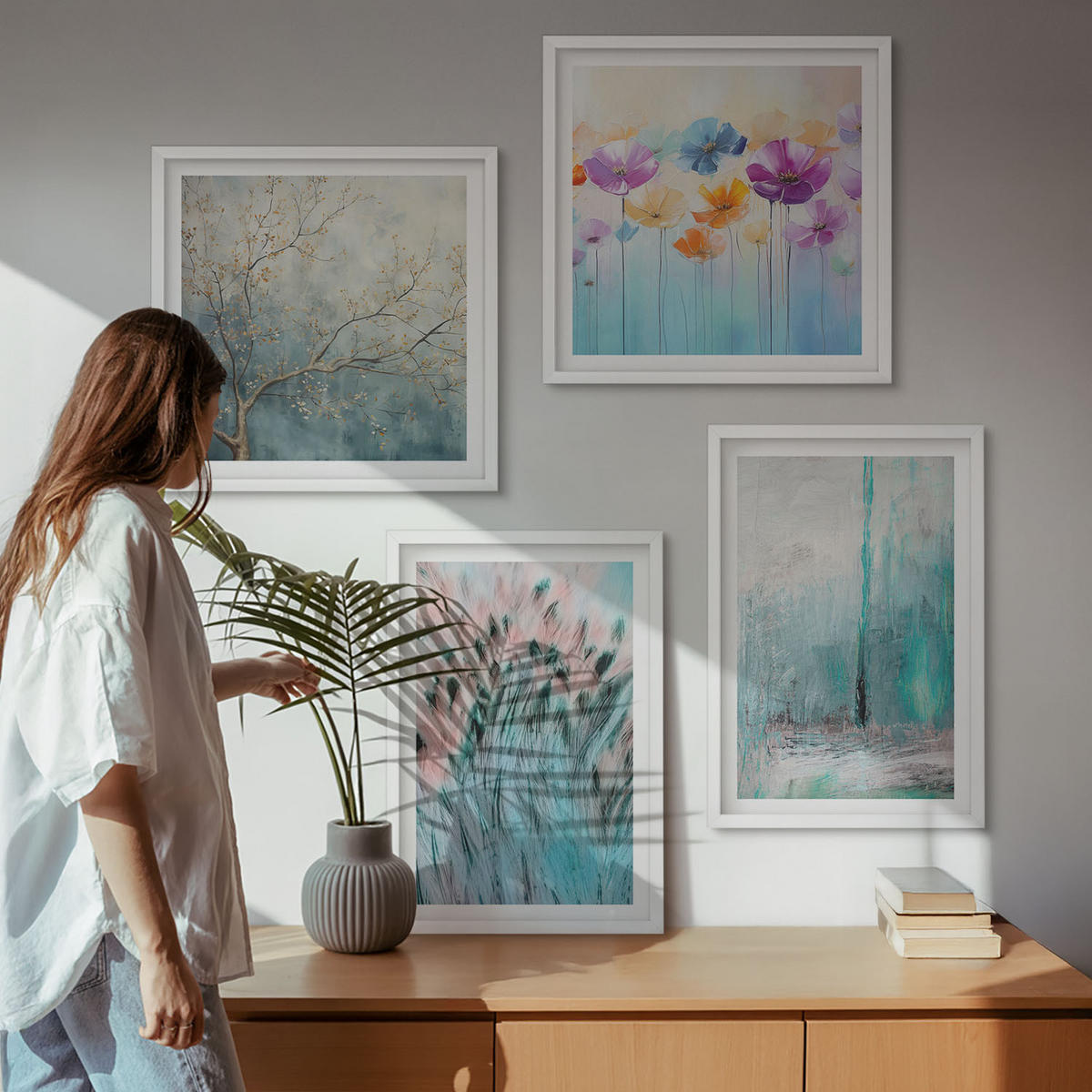 BILDER SET 4er Set - 50x50 cm & 40x60 cm Weißer Rahmen - Hintergrundmuster mit Pastellblumen - Weiß, Kunststoff (50/50cm) - TULUP