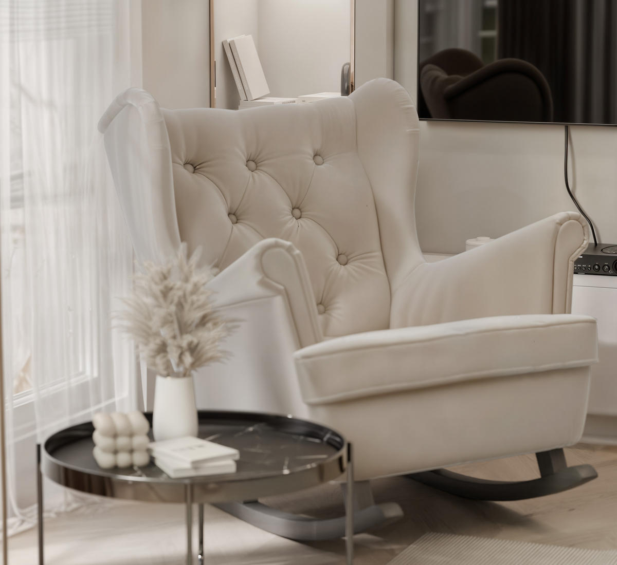 SCHAUKELSESSEL SCANDI Holzfüße, Samt Beige - Beige, Holz/Textil (75/97/60cm) - Idohome