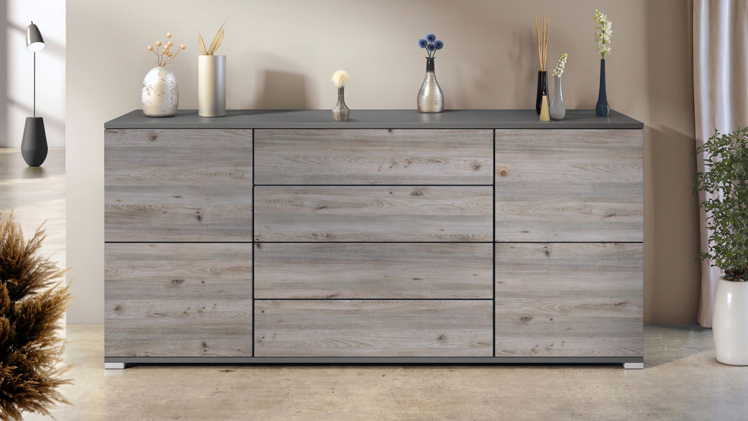 SIDEBOARD Rova Eiche Nordic - Silbereichenfarben, Holzwerkstoff (166.5/75.5/35cm) - Vladon