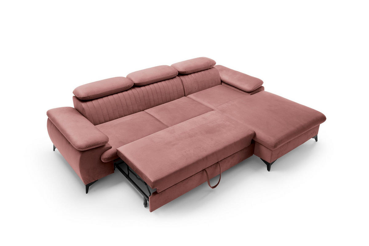 ECKSOFA FIORE Rosa Velours-Stoff mit Schlaffunktion - Rosa, Holz (280/193cm) - MASSENO