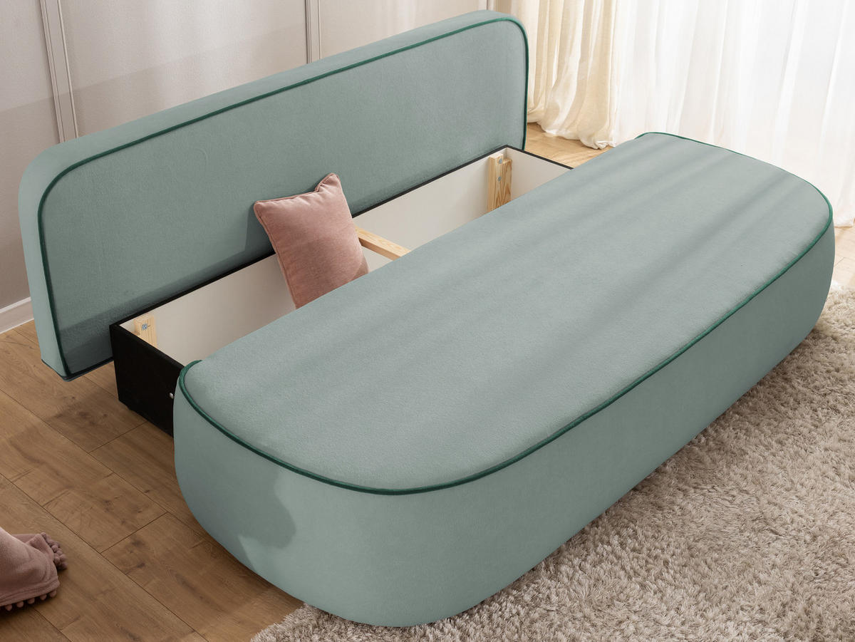 KINDERSOFA Vero im modernen und abgerundeten Design mit Schlaffunktion und Bettkasten aus Blaugrau Plüschstoff mit petrolfarbener Paspel - Blaugrau/Schwarz, Holz/Kunststoff (210/90/98cm) - S-Style Möbel