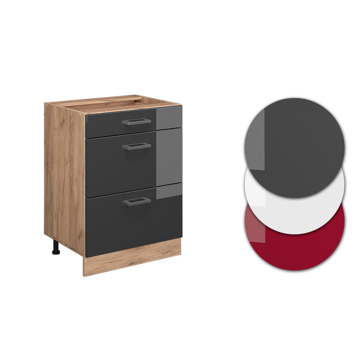 KÜCHENUNTERSCHRANK R-Line Anthrazit Hochglanz 60 cm mit Schubladen ohne AP - Honigeiche/Schwarz Hochglanz, Holzwerkstoff (60/81.6/46cm) - Vicco
