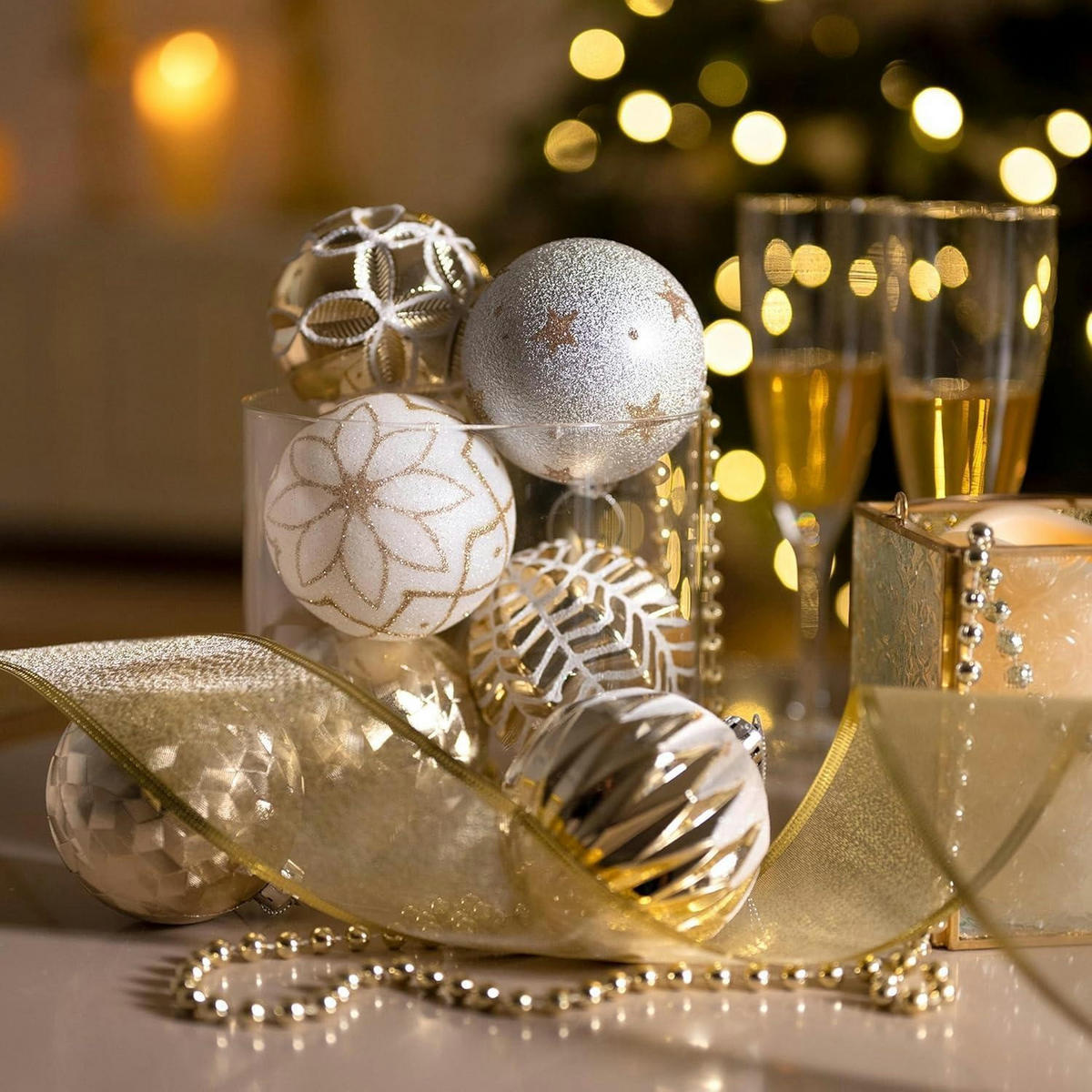 WEIHNACHTSKUGELN 16-teiliges Set 8 cm Gold Weiss - Multicolor, Kunststoff (8/8/8cm)