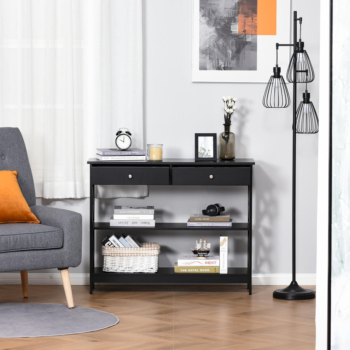 KONSOLENTISCH DE-16749 2 Schubladen + 2 Ablagen, 100 cm Schwarz - Schwarz, Holzwerkstoff (100/30.5/80cm) - ComfortXL