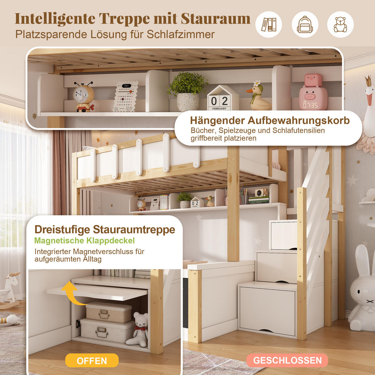 ETAGENBETT 90/140/200 cm mit Treppenschrank und Kreidetafel, DE-41558, in Weiß - Weiß, Holzwerkstoff (140/200cm) - ComfortXL
