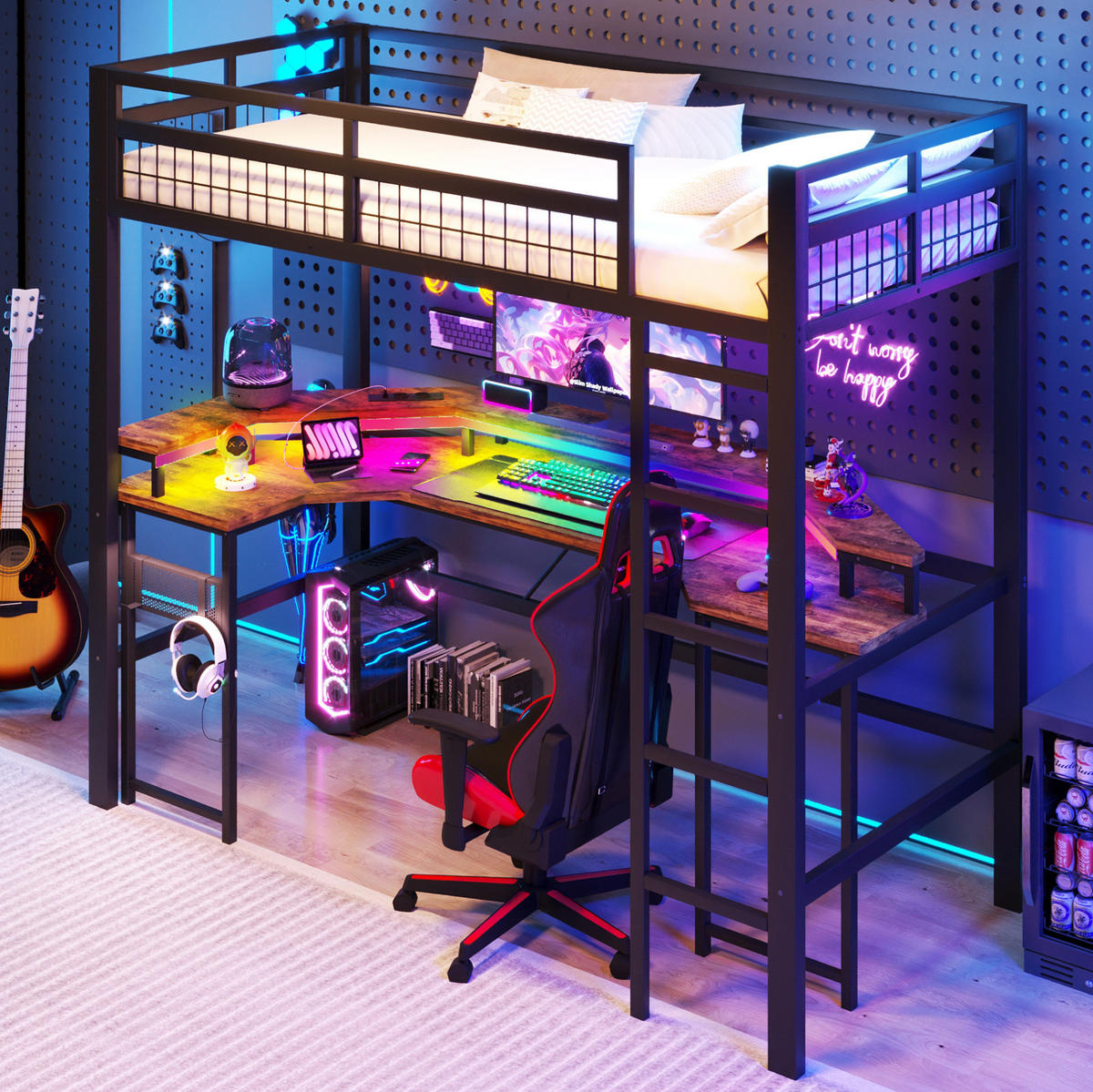 HOCHBETT 90/200 cm aus Metall und MDF mit Schreibtisch und LED-Lichtleiste Schwarz - Schwarz, Metall (90/200cm) - Modenvie