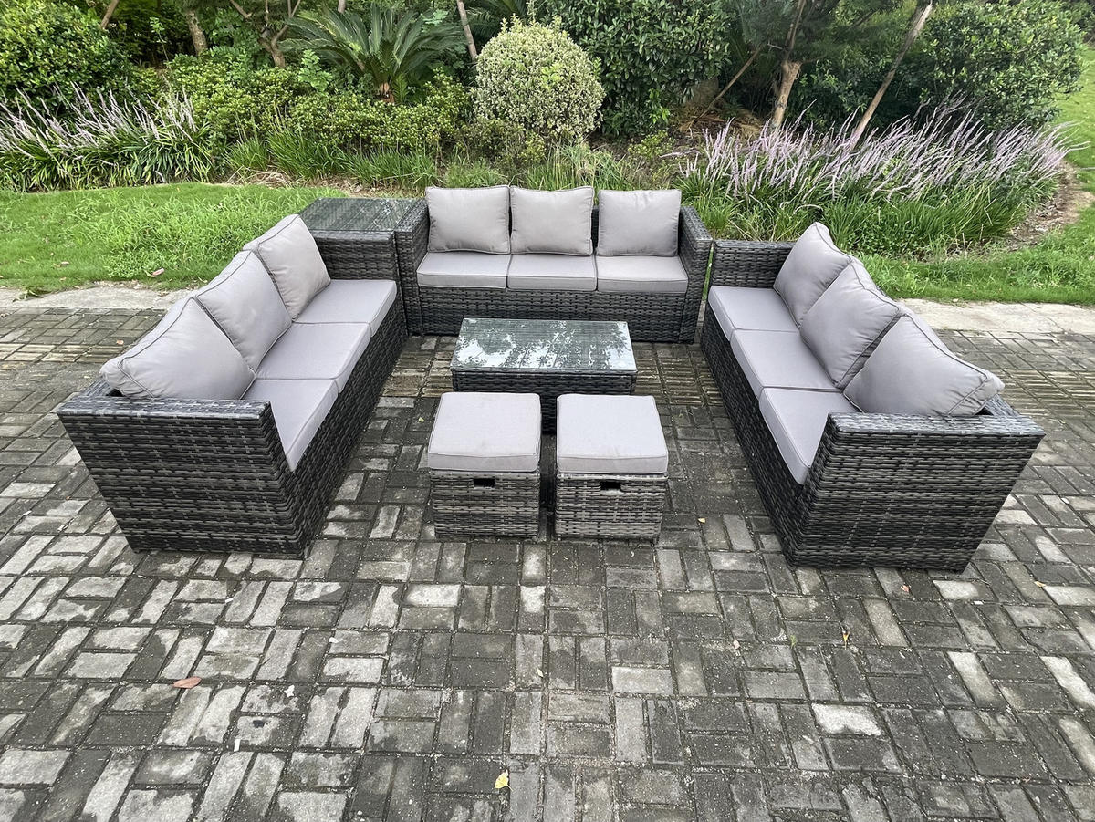 GARTENSET Polyrattan 11-Sitzer - Dunkelgrau, Metall - Fimous