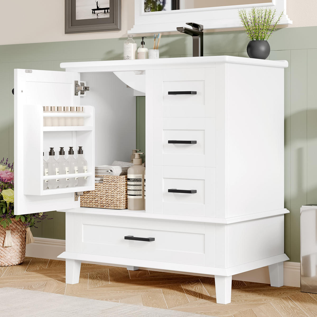 WASCHTISCHKOMBI mit Keramikbecken 76x46x83.5cm in Weiß, 1 Schublade & 3 Türen - Weiß, Holzwerkstoff (76/83.5/46cm) - Modfu