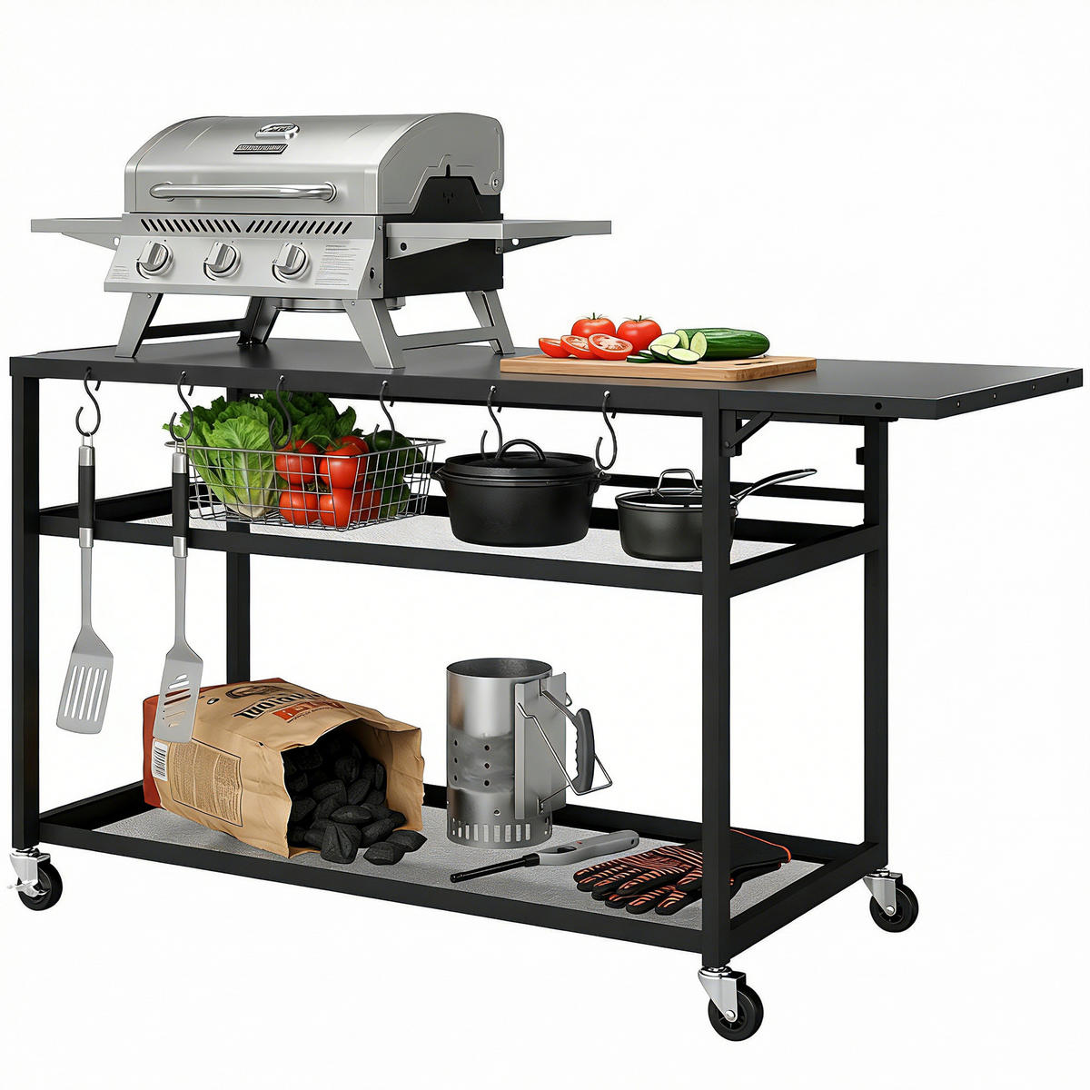 GRILLWAGEN DE-13882 klappbar mit 3 Ebenen Schwarz - Schwarz, Metall (48.5/82/133cm) - ComfortXL