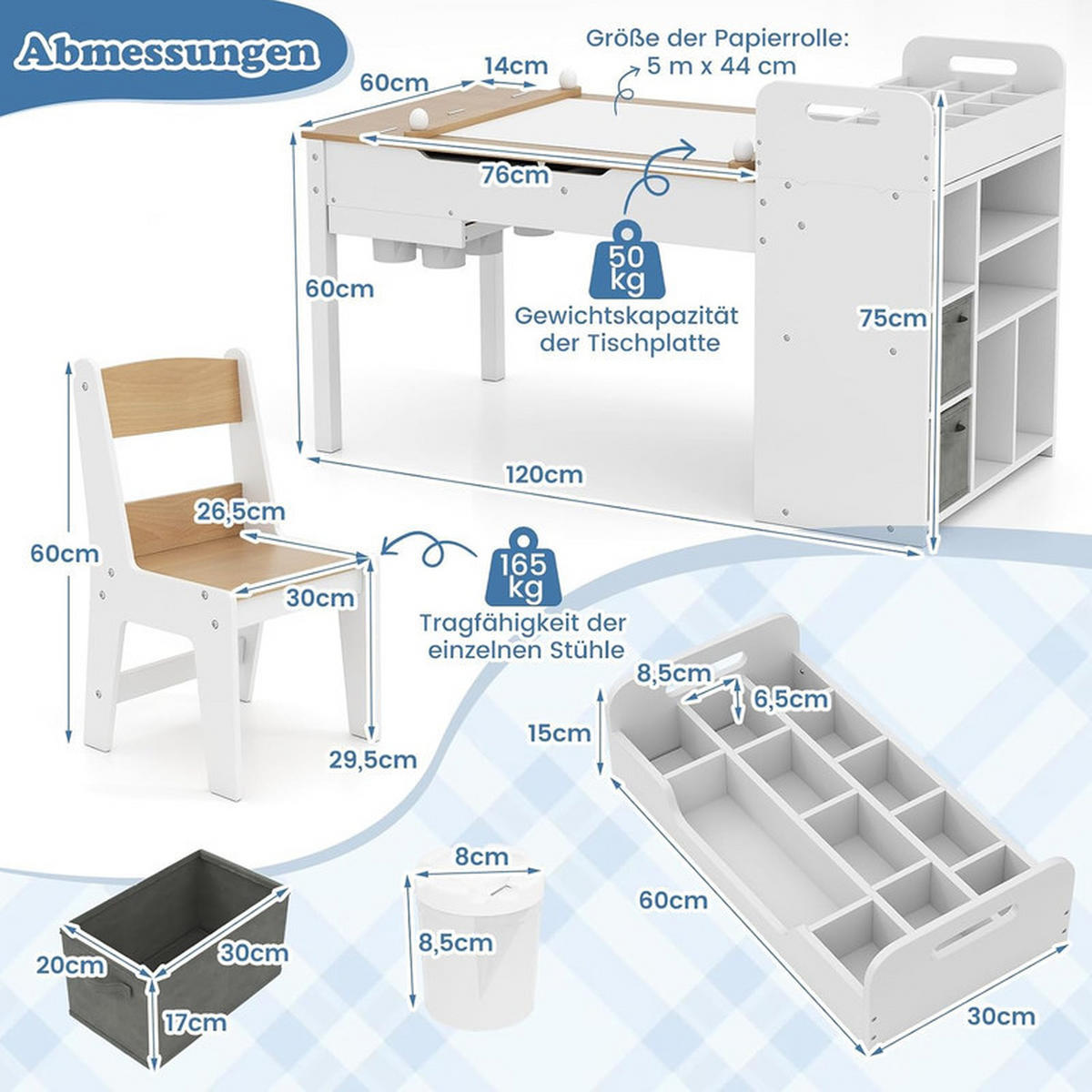 KINDERTISCHE mit Stühlen natur(3-tlg) - Naturfarben, Holzwerkstoff (120/75/60cm) - COSTWAY