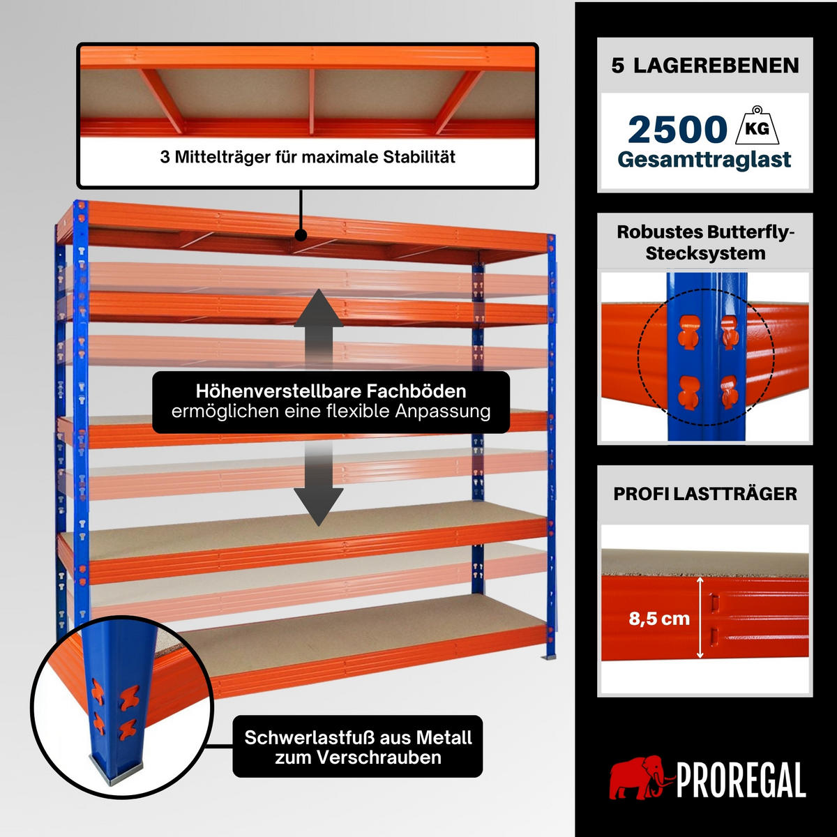 SCHWERLASTREGAL Rhino 180x200x60 cm 5 Spanplatten-Ebenen 8mm Fachlast 500 kg Blau/Orange - Blau/Orange, Metall (200/180/60cm) - PROREGAL