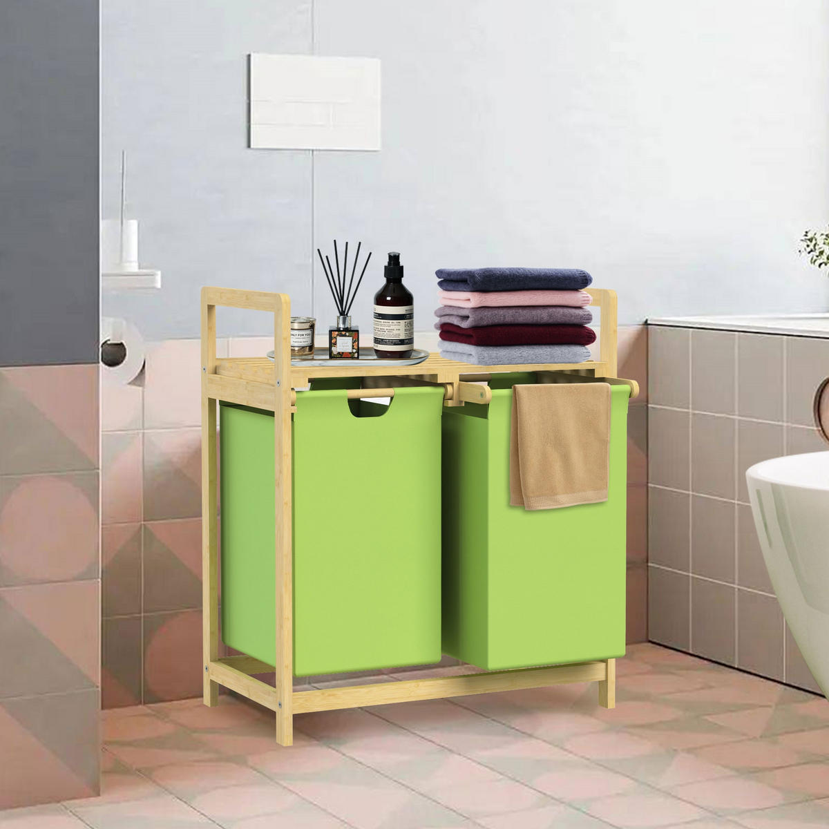 WÄSCHEKORB Bambus Grün - Olivgrün, Holz (33/73/63cm)