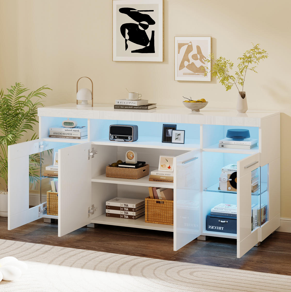 SIDEBOARD aus MDF 140x40x70 cm Weiß mit LED-Beleuchtung, Hochglanzfront und Türen aus gehärtetem Glas - Weiß, Holzwerkstoff (140/70/40cm) - Modfu