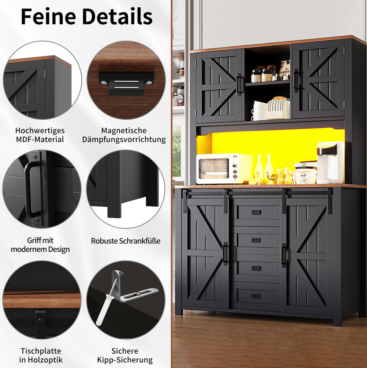 BUFFET 115/40/174,7 cm schwarz aus MDF/Metall mit LED - Schwarz, Holzwerkstoff (115/174.7/40cm) - OKWISH