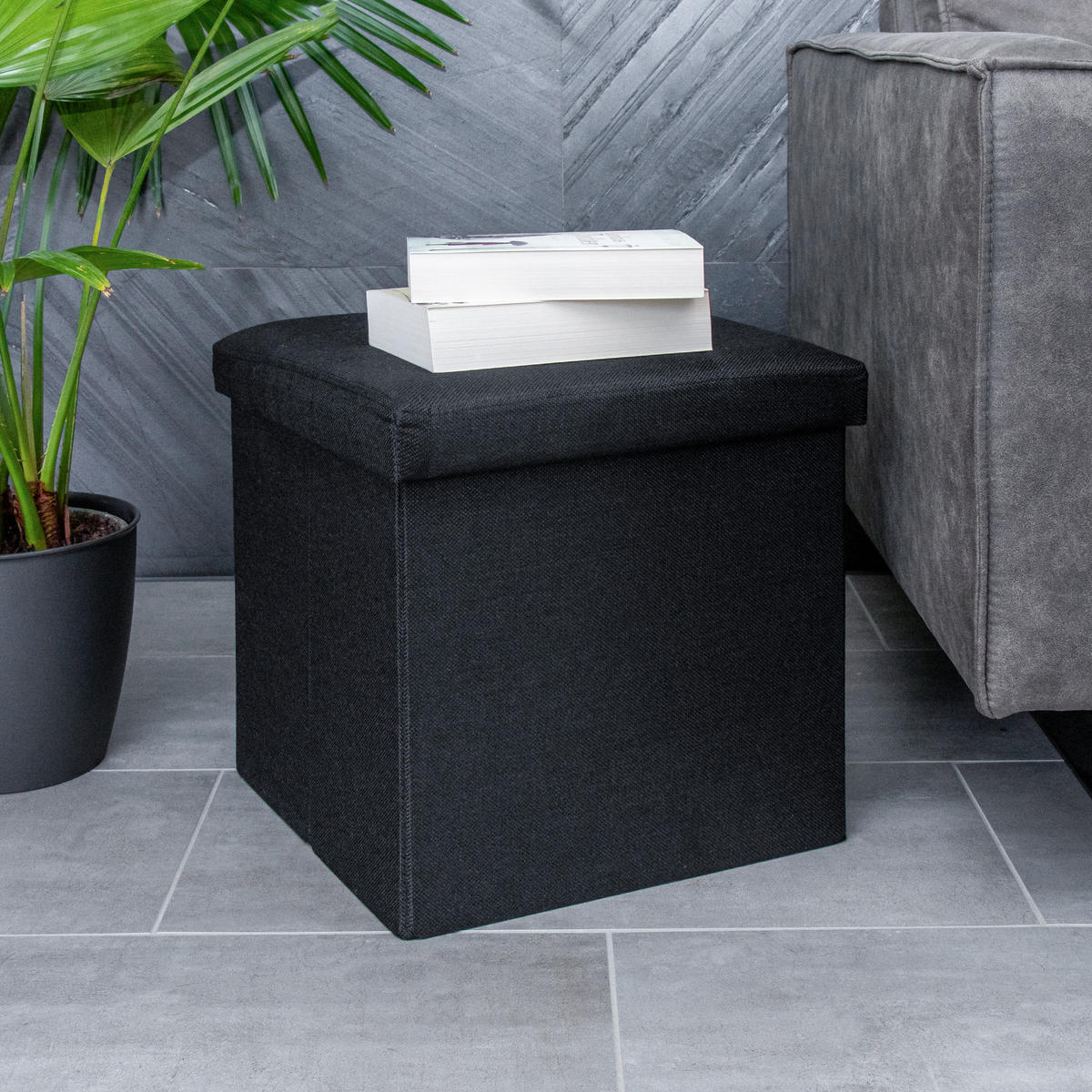 SITZHOCKER Faltbar mit Stauraum 38/38/38 cm (Schwarz) - Schwarz, Textil (38/38/38cm) - Intirilife